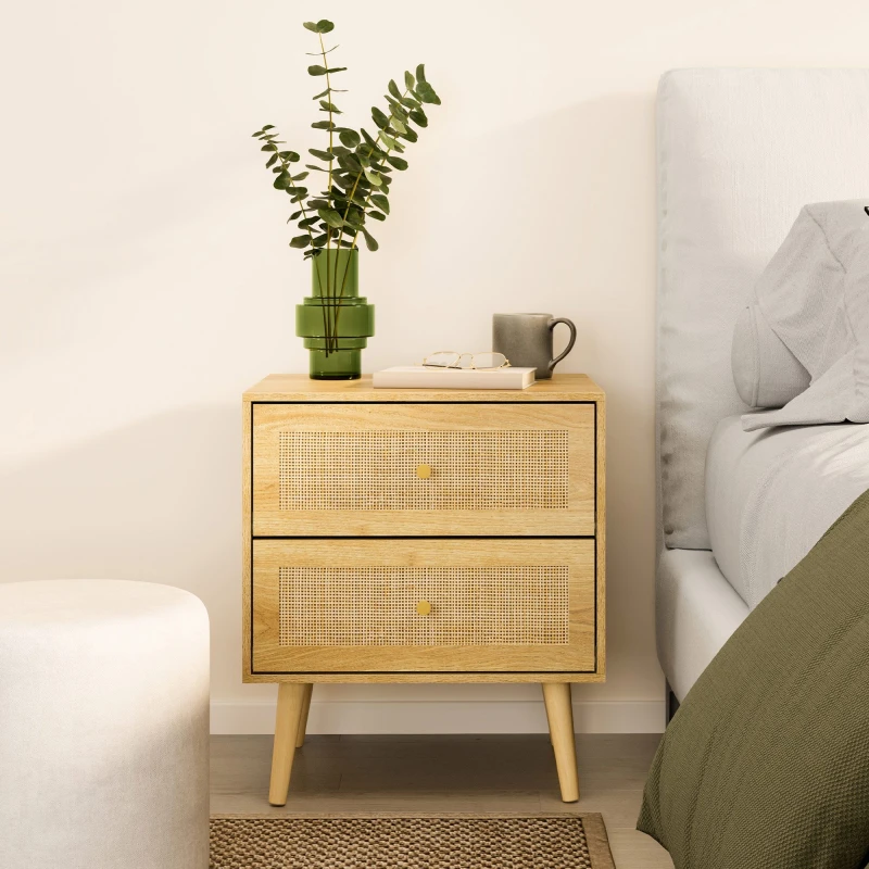 Image of Vonhaus Bedside Table For Bedroom, Scandi Natural Rattan 2 Drawer Nightstand, Side Table For Living Room, Bedside Storage Cabinet