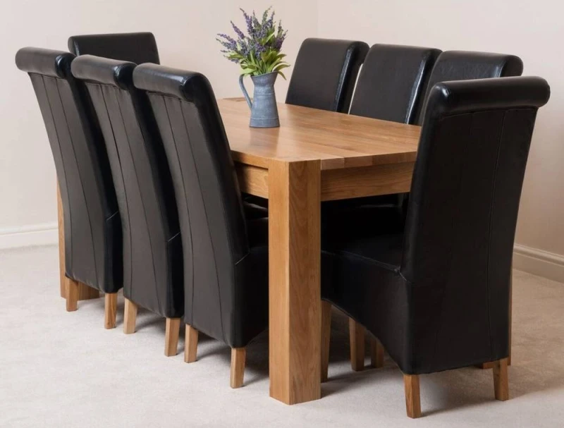 Image of Thats Furniture Kuba 180 x 90cm Chunky Oak Dining Table & 8 Montana Leather Chairs in Black Unisex 180 x 90 cm