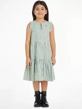 Image of Tommy Hilfiger Girls Striped Ruffle Dress - Spring Lime Stripe, Green, Size 4 Years, Women