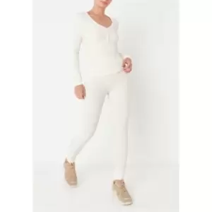 Image of Missguided Rib Button Front Top and Leggings Pyjama Set - Cream