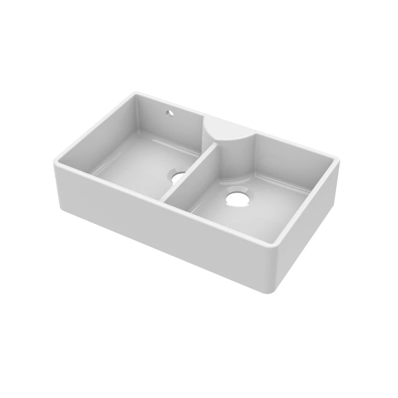 Image of Balterley Fireclay 2 Bowl Stepped Weir Butler Sink Tap Ledge Overflow 895mm White