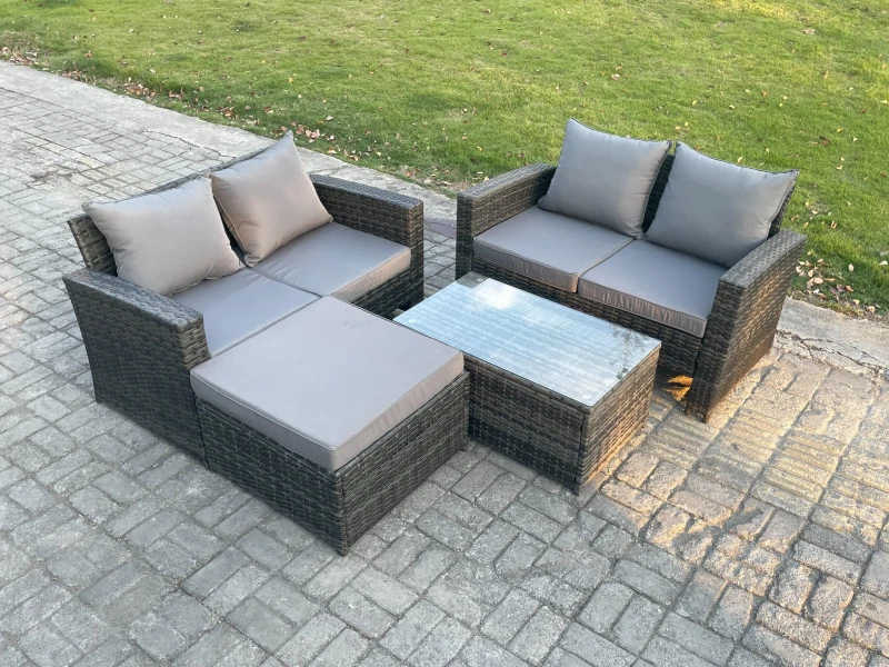 Image of Fimous Wicker Rattan Garden Furniture Sofa Set with Coffee Table Double Seat Sofa Big Footstool 5 Seater Outdoor Rattan Set in Dark Grey Dark Grey Uni
