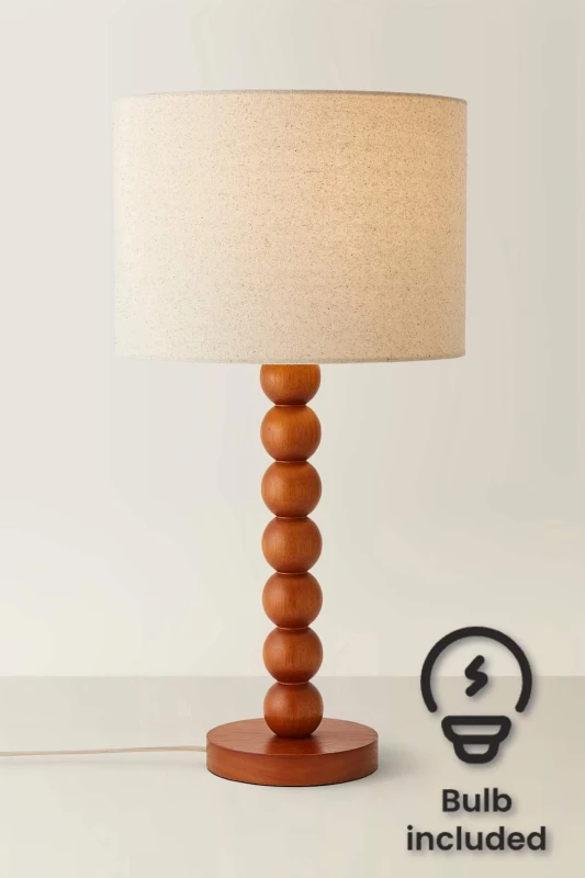 Image of ValueLights ValueLights Wyatt Natural Linen Drum Lamp Shade Walnut Wood Bobbin Table Lamp with LED Bulb Natural One Size Unisex 5059406066603