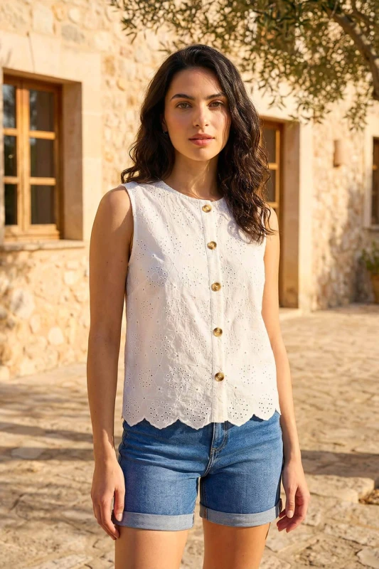 Image of Dusk Womens Broderie Button Blouse in White Size: 14 White Female 14