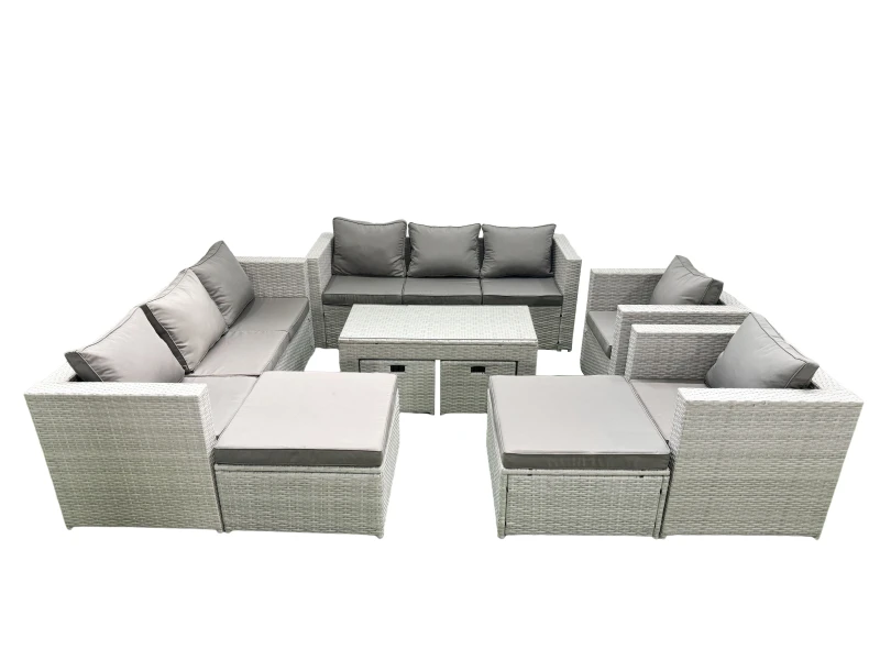Image of Fimous Outdoor Rattan Garden Furniture Set with Grey Cushions Luxury 12 Seater with 2 Chairs and Coffee Table For Conservatory,Patio Light Grey