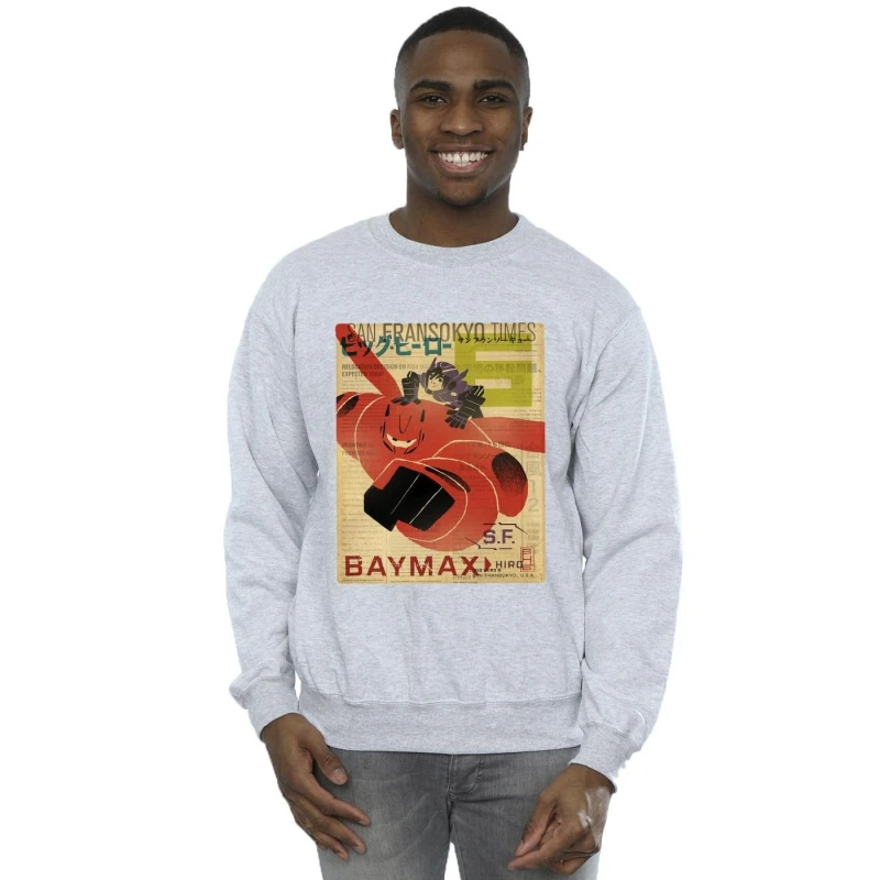 Image of Disney Men Big Hero 6 Baymax Flying Baymax Newspaper Sweatshirt in Grey Size: Small Grey S Male 5059934865761