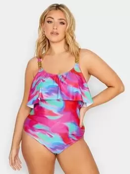 Image of Yours Psychedelic Swirl Frill Swimsuit, Purple, Size 20, Women