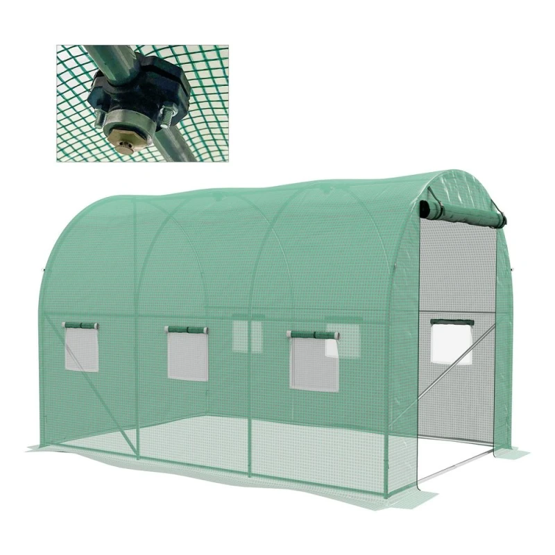 Image of Outsunny Polytunnel Greenhouse with Sprinkler System, Walk-in Green House for Garden with Wide Roll-up Door, 6 Mesh Windows, Green 3 x 2m - Green - Ou