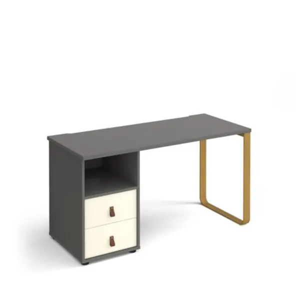 Image of Cairo straight desk 1400mm x 600mm with sleigh frame leg and support pedestal with drawers - brass frame, grey finish with white drawers