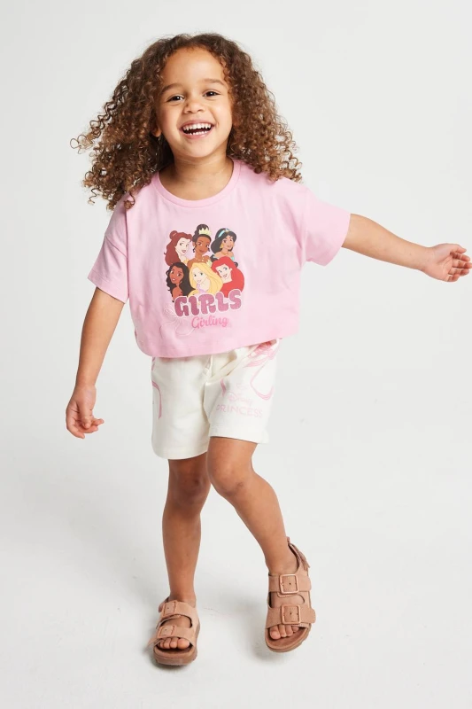 Image of Brand Threads Disney Princess T-Shirt & Shorts Set in Pink Size: 3-4 Years Pink Unisex 3-4 Years