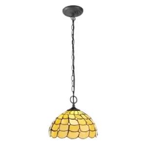 Image of Luminosa Lighting - 2 Light Downlighter Ceiling Pendant E27 With 30cm Tiffany Shade, Beige, Clear Crystal, Aged Antique Brass