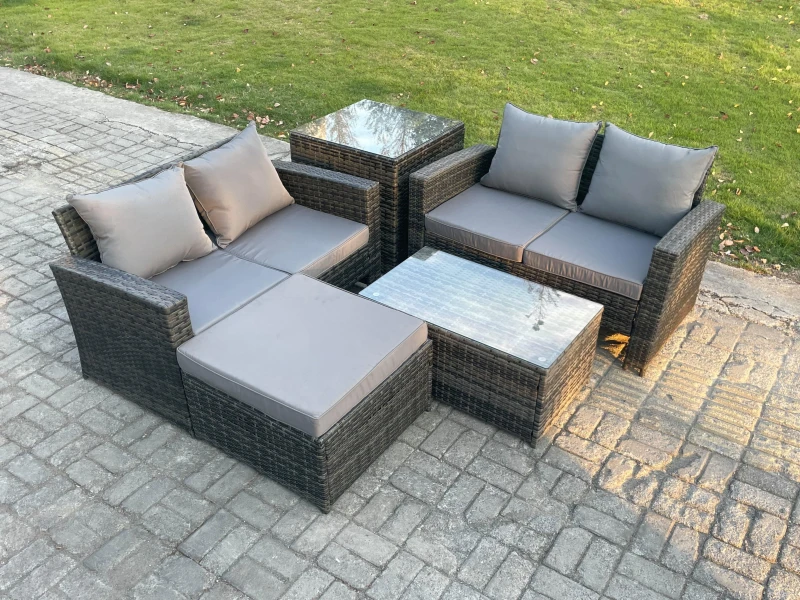 Image of Fimous Wicker Rattan Garden Furniture Sofa Set with Rectangular Coffee Table Double Seat Sofa Big Footstool Side Table 5 Seater in Dark Grey Dark Grey