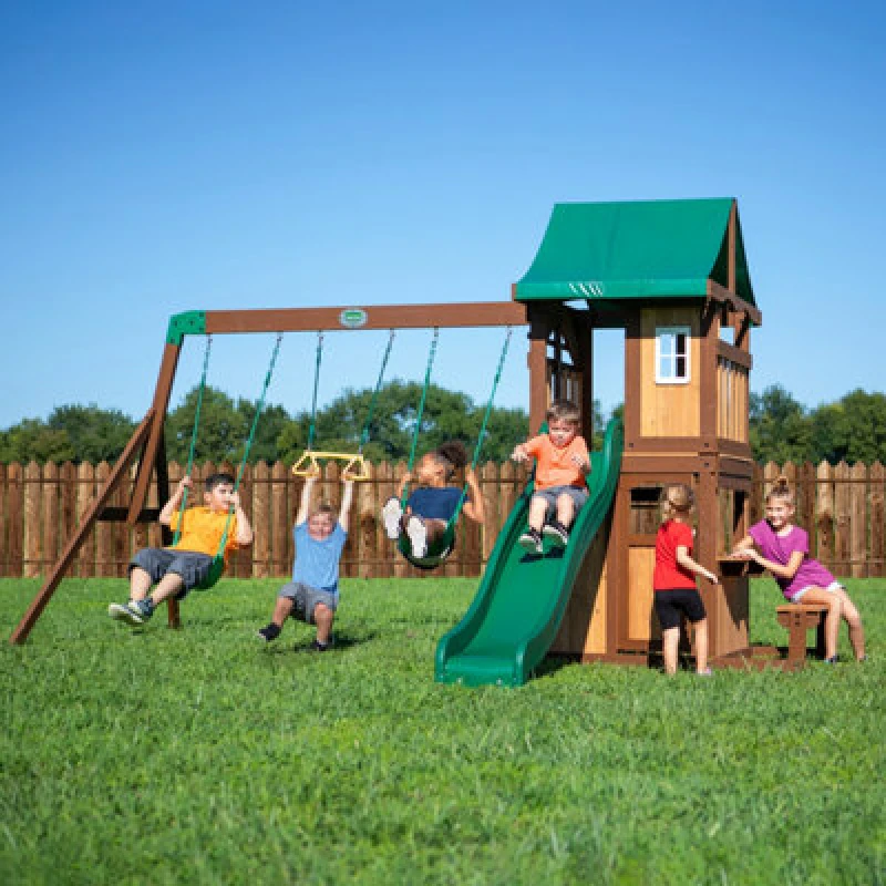 Image of Backyard Discovery Lakewood Cedar Wooden Climbing Frame With 2 X Swings, Trapeze And Slide