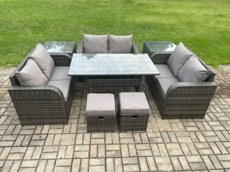 Image of Fimous 8 Seater Outdoor Rattan Garden Furniture Set with Patio Rectangular Dining Table 2 Side Tables Love Sofa 2 Small Footstools Dark Grey Mixed Dar