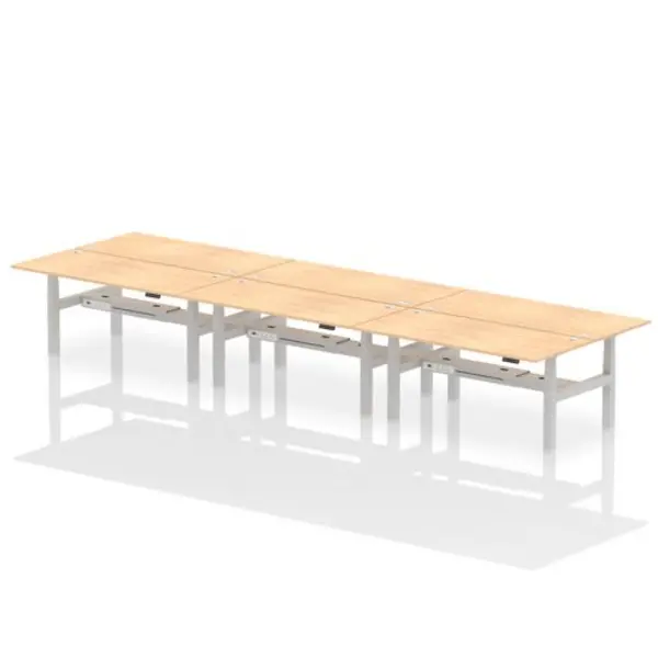 Image of Air Air Back-to-Back 1800 x 800mm Height Adjustable 6 Person Bench Desk Maple Top with Cable Ports Silver Frame HASCP6P18800MPES