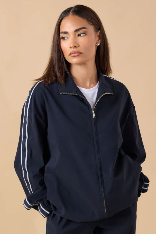 Image of PixieGirl Womens Petite Stripe Zip Jacket in Dark Navy Size: 12 Dark Navy Female 12