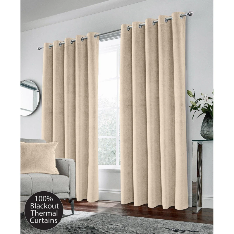 Image of Enhanced Living Hampton Velvet 100% Blackout Thermal Ring Curtain - Cream Cream 90 x 90in