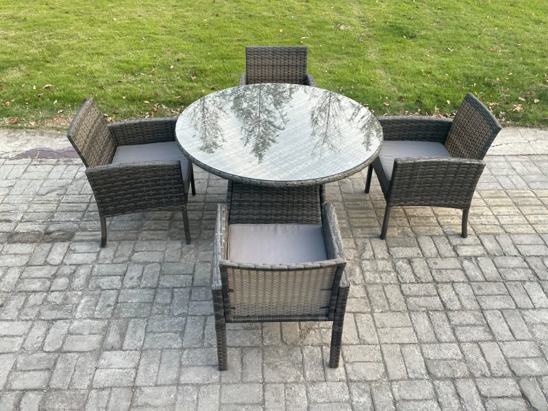 Image of Fimous Wicker PE Outdoor Rattan Garden Furniture Arm Chair & Table Dining Sets 4 Seater Large Round Table Dark Grey Mixed Dark Grey Unisex
