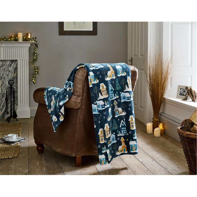 Image of Deyongs Deyongs Festive Village Fleece Throw - 140 x 180cm Soft Winter Blanket with Snowy House Print in Navy Size: 140cm x 180cm Navy 140cm x 180cm