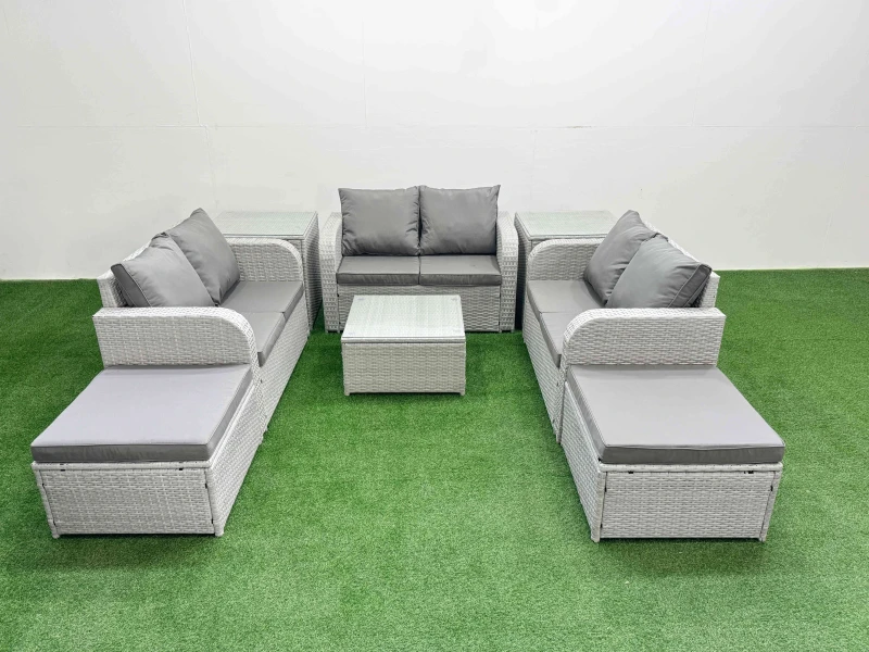 Image of Fimous 8 Seater PE Wicker Rattan Furniture Sofa Sets with Square Coffee Table 2 Seater Love Sofa 2 Big Footstool 2 Side Table Light Grey Light Grey
