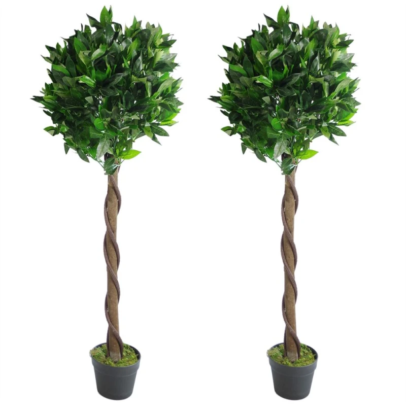 Image of Leaf Pair of 120cm (4ft) Twisted Stem Artificial Topiary Bay Laurel Ball Trees Green unisex