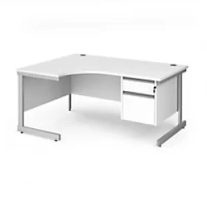 Image of Dams International Left Hand Ergonomic Desk with 2 Lockable Drawers Pedestal and White MFC Top with Silver Frame Cantilever Legs Contract 25 1600 x 12