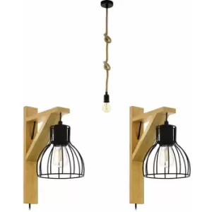 Image of Ceiling Pendant Light & 2x Matching Wall Lights Black & Rustic Rope Trendy Lamp