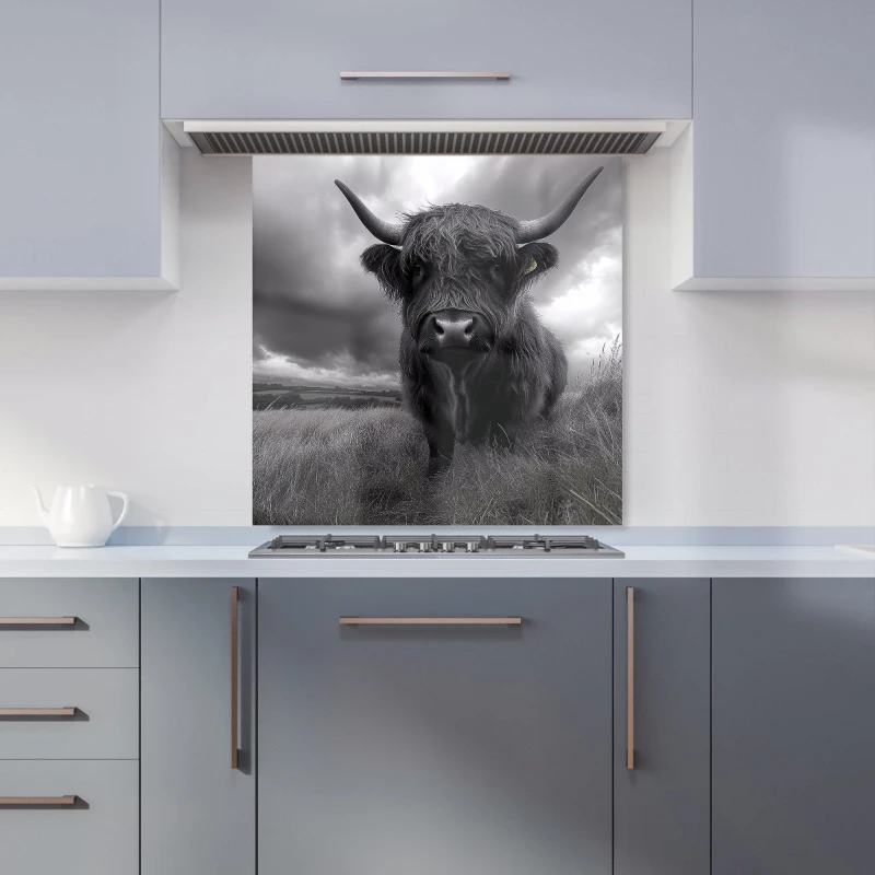 Image of Warren Reed - Designer Black & White Highland Cow Kitchen Splashback in Grey Size: 600mm x 600mm Grey Unisex 600mm x 600mm