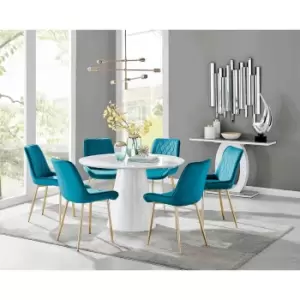 Image of Furniture Box Palma White High Gloss Round Dining Table and 6 Blue Pesaro Gold Leg Chairs