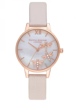 Image of Olivia Burton Womens Dancing Dragonfly Blush Dial Watch - Pearl Pink & Rose Gold