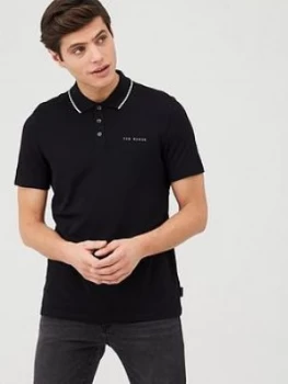 Image of Ted Baker Short Sleeve Branded Pique Polo Top - Black, Size 6, Men