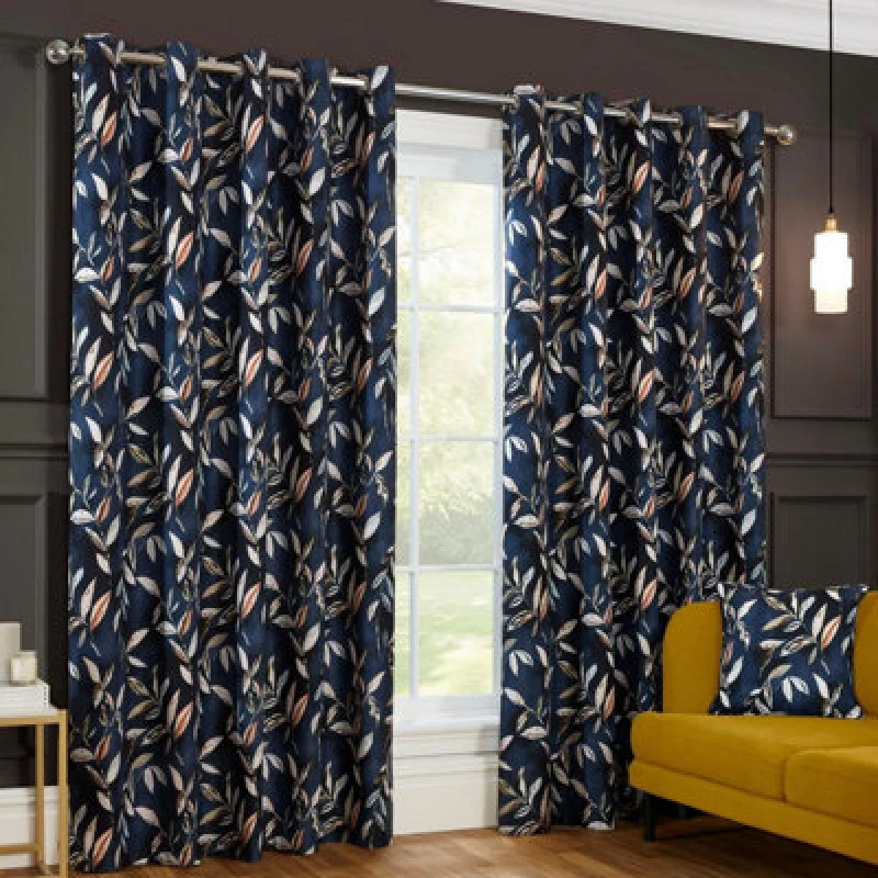 Image of Sundour Madrid Blackout Ready Made Leaves Eyelet Curtains Navy 46X54"