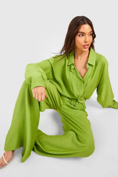 Image of boohoo Crinkle Knot Front Cropped Shirt Chartreuse