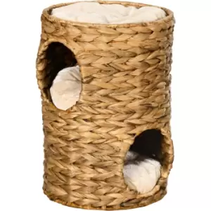 Image of 47cm Cat Barrel Tree for Indoor Cats w/ Two Cat Houses, Cushion - Brown - Pawhut
