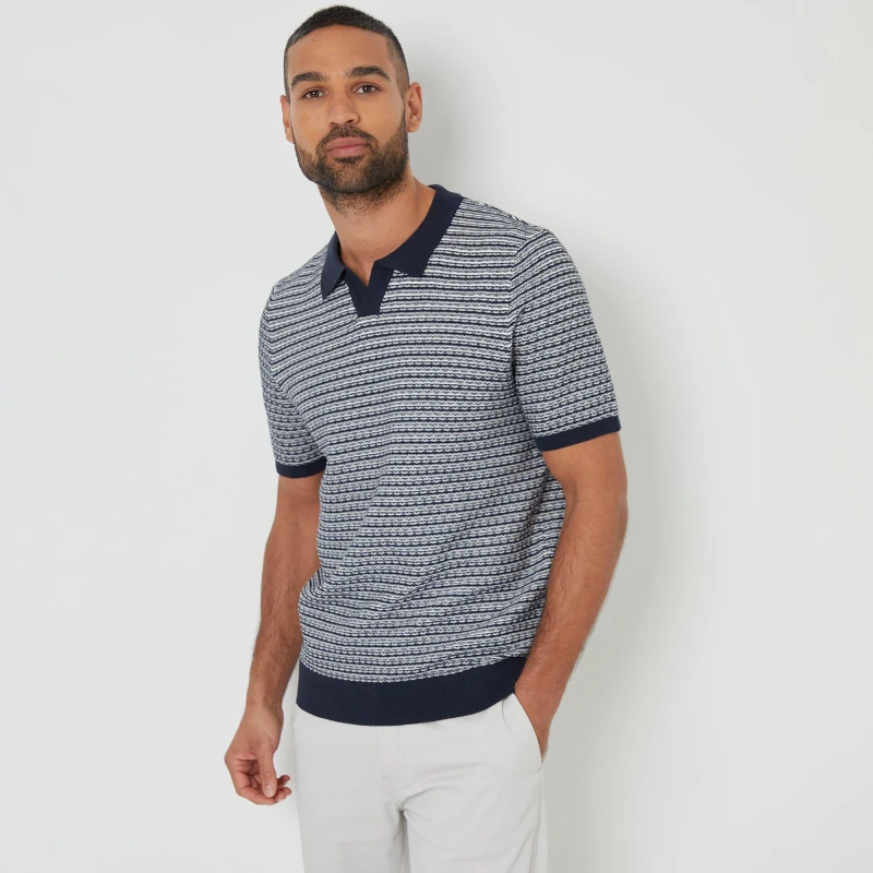 Image of Threadbare Textured Stripe Trophy Neck Knitted Polo Shirt Navy