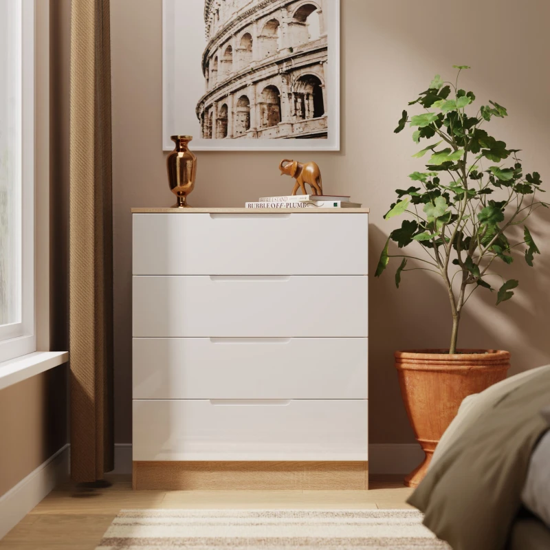 Image of Welcome Furniture Ready Assembled Milan 4 Drawer Chest In White Gloss & Bardolino Oak, White MIL011WGBO