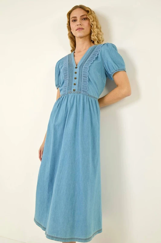 Image of Roman Womens Cotton Crochet Trim Dress in Mid Blue Size: 16 Mid Blue Female 16