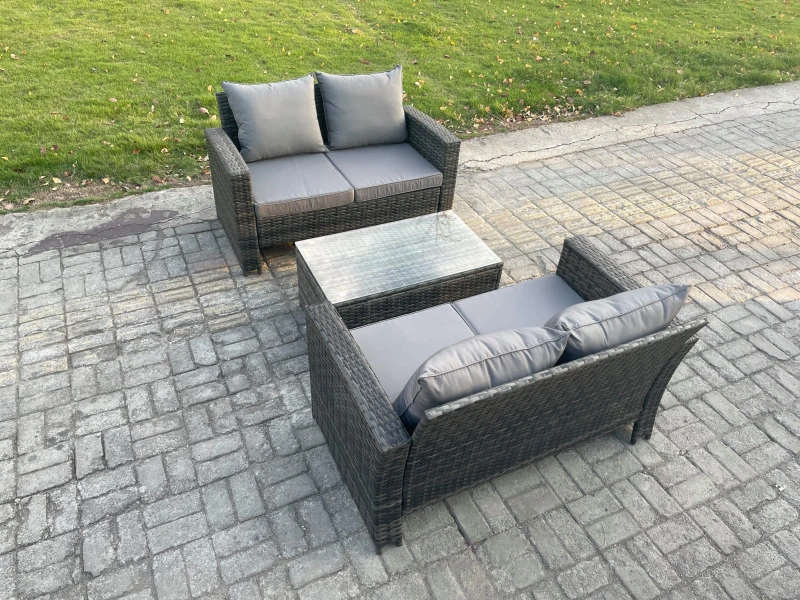 Image of Fimous Wicker Rattan Garden Furniture Sofa Set with Rectangular Coffee Table Double Seat Sofa 4 Seater Outdoor Rattan Set in Dark Grey Dark Grey Unise