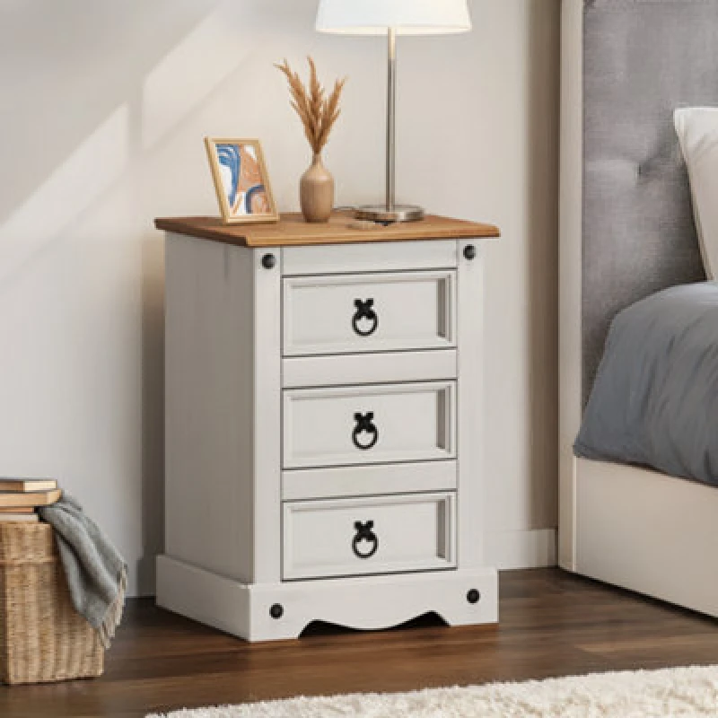 Image of Mercers Furniture Corona White Medium 3 Drawer Bedside Chest Table Solid Pine With Mexican Styling, White WHTWAX93