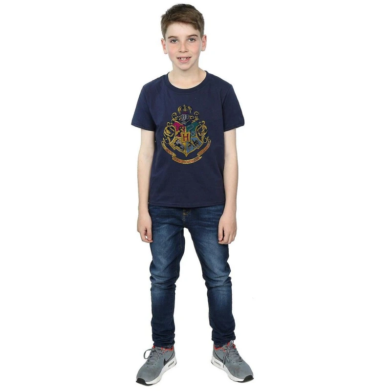 Image of Harry Potter Hogwarts Crest Cotton T-Shirt Navy male