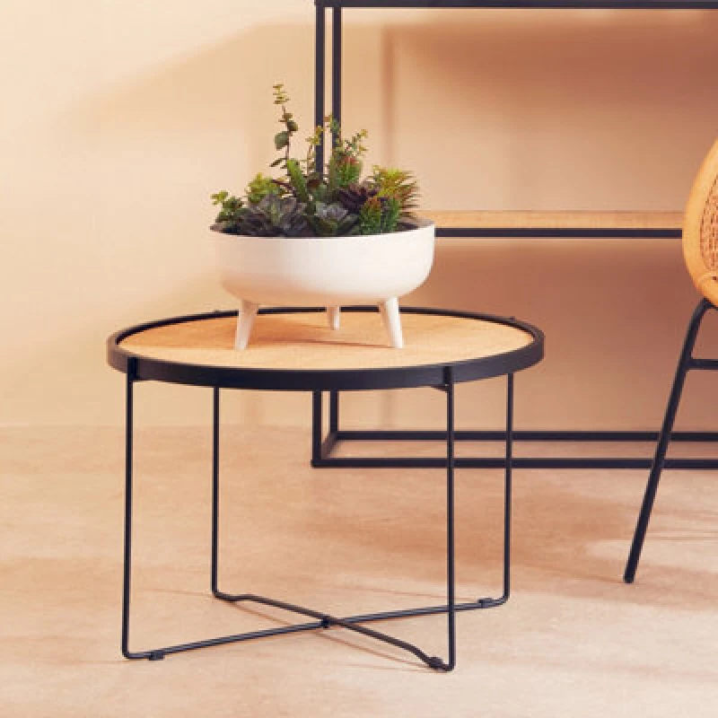 Image of Premier Housewares Natural Rattan Top Round Coffee Table, Hand Woven Square Webbed Small Table, Sleek Wooden Coffee Table Natural