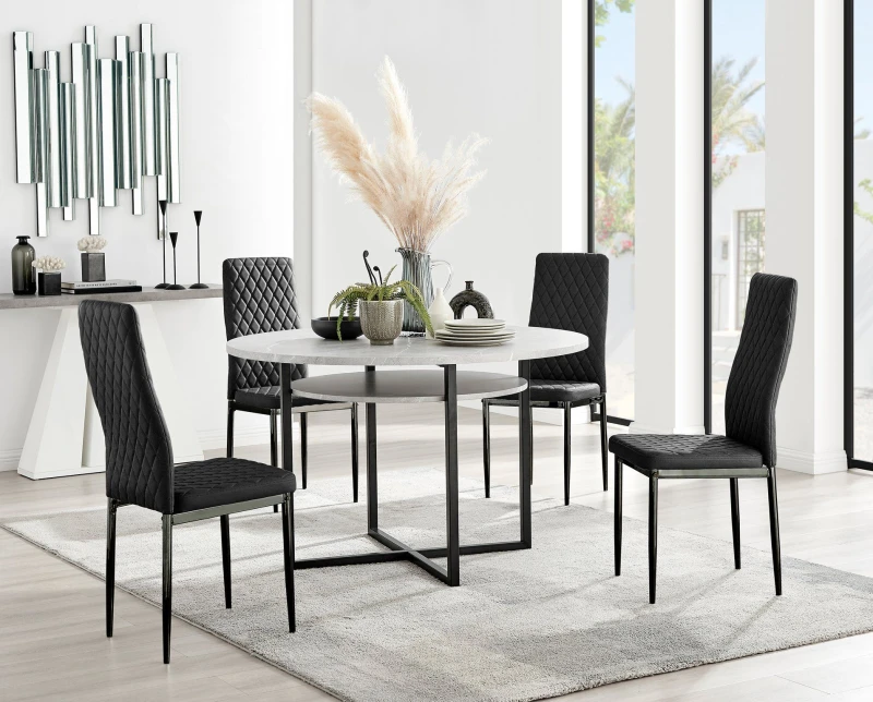 Image of FurnitureboxUK FurnitureboxUK Adley Grey Concrete Effect And Black Round Dining Table with Shelf and 4 Velvet Milan Dining Chairs Grey One Size Unisex