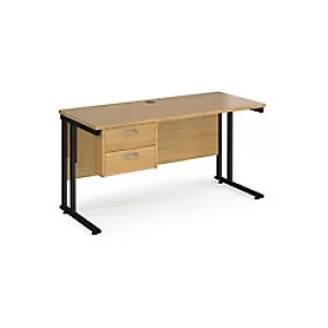 Image of Rectangular Straight Desk with Cantilever Legs Oak Wood Black Maestro 25 1400 x 600 x 725mm 2 Drawer Pedestal
