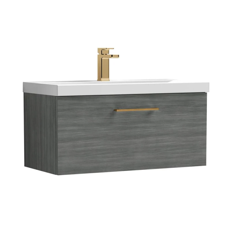 Image of Balterley 800mm Wall Hung 1 Drawer Vanity, Woodgrain Anthracite, Bronze Handle in Grey Grey Unisex