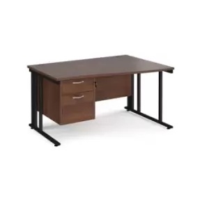 Image of Office Desk Right Hand Wave Desk 1400mm With Pedestal Walnut Top With Black Frame Maestro 25 MCM14WRP2KW