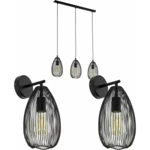 Image of 3 Bulb Ceiling Pendant & 2x Matching Wall Lights Black Wire Cage Shade Linear