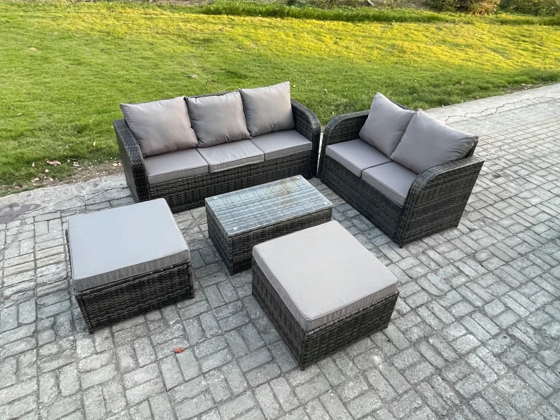 Image of Fimous 7 Seater Rattan Wicker Garden Furniture Patio Conservatory Sofa Set with Rectangular Coffee Table 3 Seater Sofa Love Sofa 2 Big Footstool Dark
