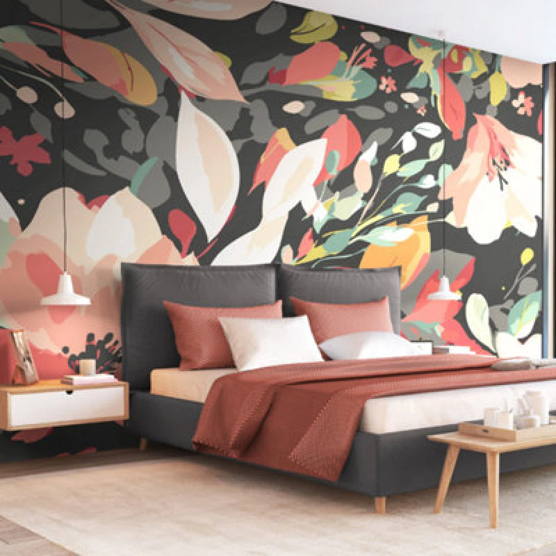 Image of Origin Murals Flowing Flowers - Charcoal Black And Red Matt Smooth Paste The Wall Mural 350Cm Wide X 280Cm High