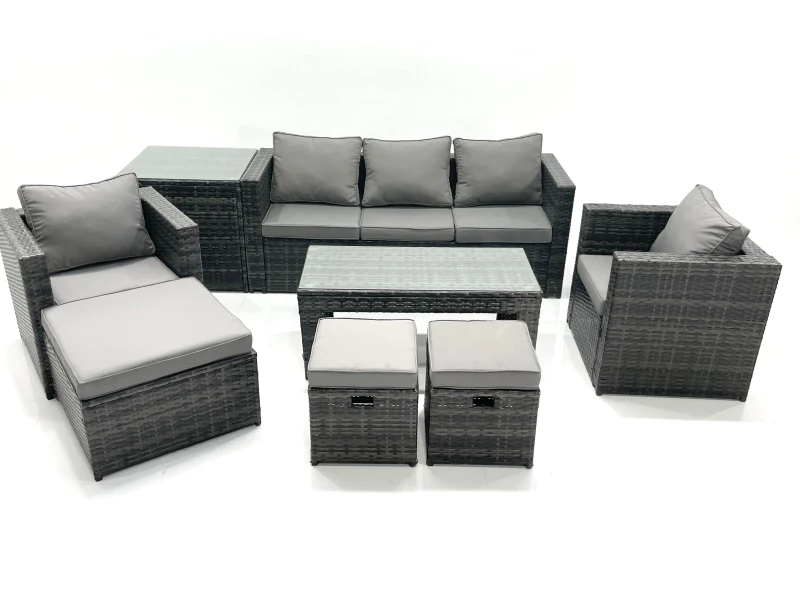 Image of Fimous 8 Seater Rattan Garden Furniture Set Outdoor Lounger Sofa with Coffee Table 2 Armchair 3 Footstools Side Table Dark Grey Mixed Dark Grey