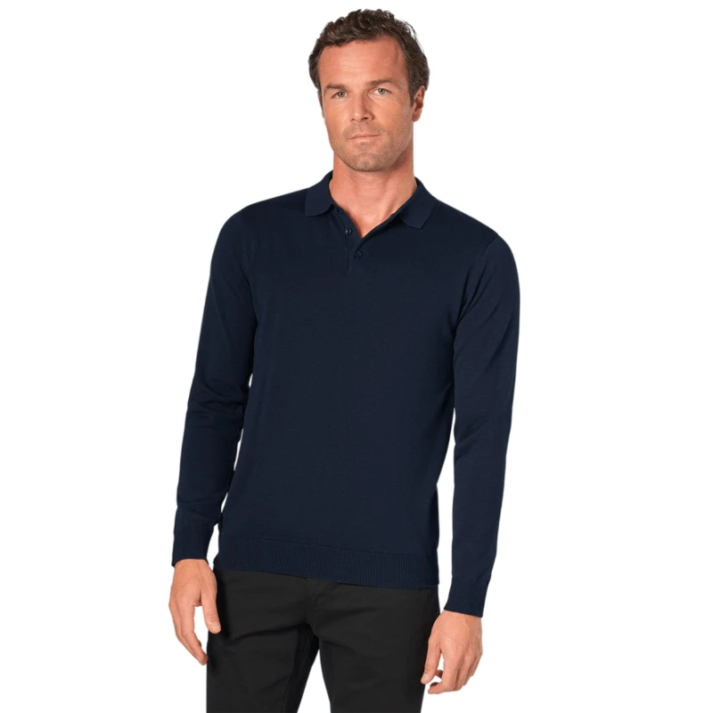 Image of Brook Taverner Brook Taverner Men Casper Knitted Long-Sleeved Polo Shirt in Navy Size: Small Navy S Male 5063238657991